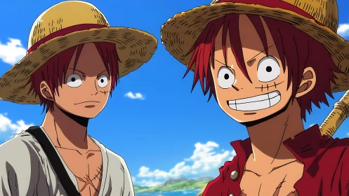 Anime twins in straw hats under bright coastal sky.