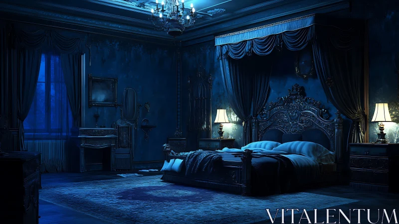 Nocturnal baroque bedroom rendered with high-contrast moody blue lighting