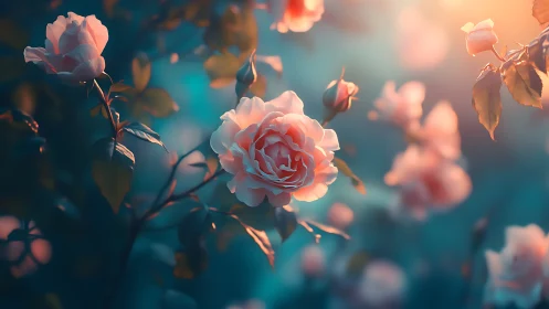 Pink roses photographed through warm backlighting and selective focus.