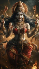Ornate multi-armed goddess figure amid flames and smoke.