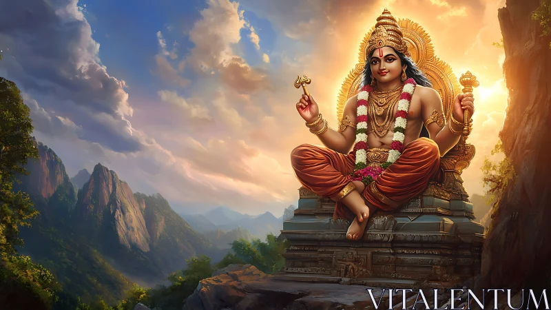 Seated Hindu deity glows above mountain valley at sunset