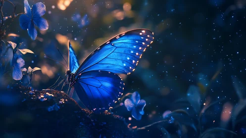 Moonlit sapphire butterfly drifting through glowing forest hush.