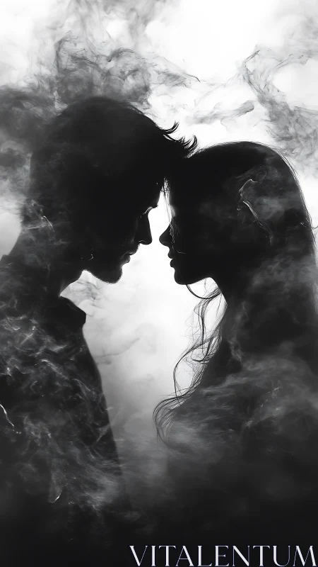 Two tender silhouettes lean close, wrapped in drifting smoke