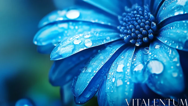 Blue daisy petals with dew droplets in macro botanical focus.