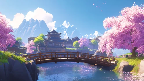 Serene wooden bridge in cherry blossom mountain village scene.