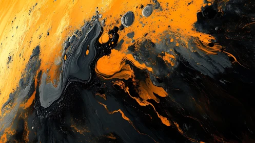 Viscous orange and black fluid abstraction suggests molten flow