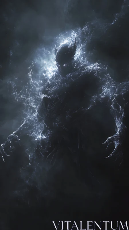 Stormborn shadow strides from the void in crackling light