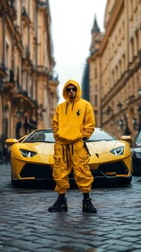 Man in yellow streetwear standing before yellow sports car.