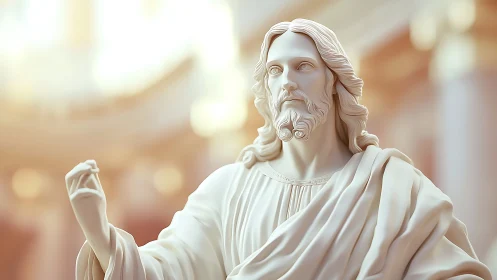 Marble-like digital messianic statue under diffused atrium light.