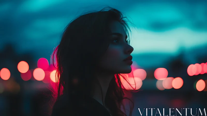 Silhouetted woman in neon dusk with cinematic bokeh glow.