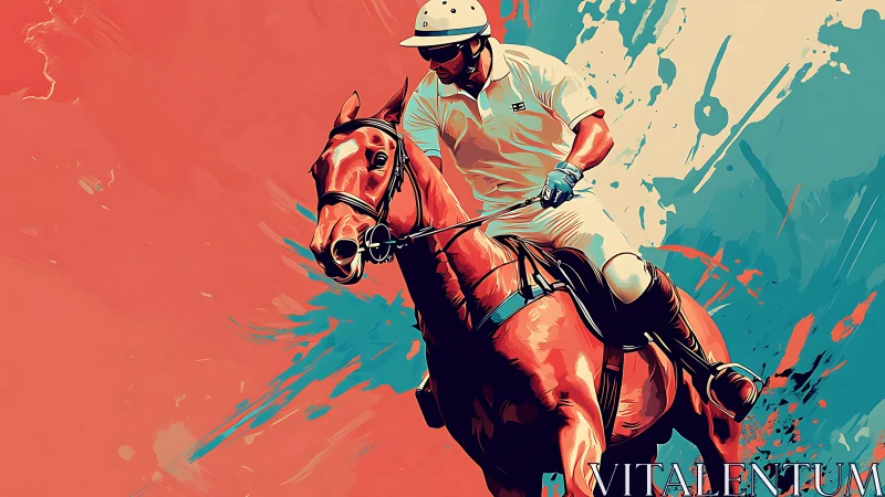 Polo player rides horse against stylized two-tone backdrop