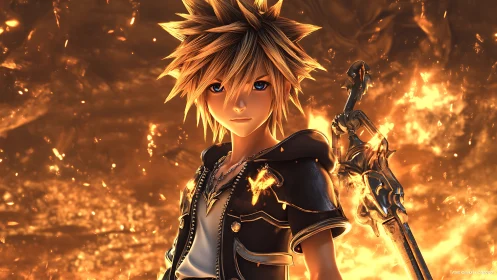 Cel-shaded warrior stands against volumetric fire with ornate blade