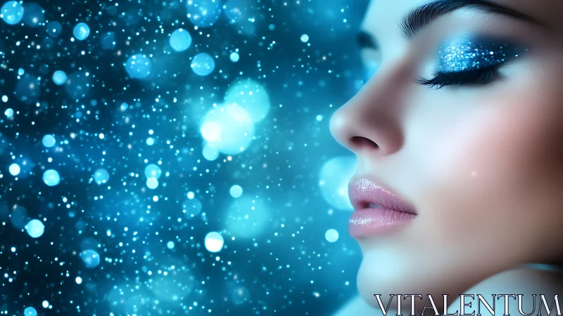 Blue bokeh portrait highlights shimmering cosmic makeup.