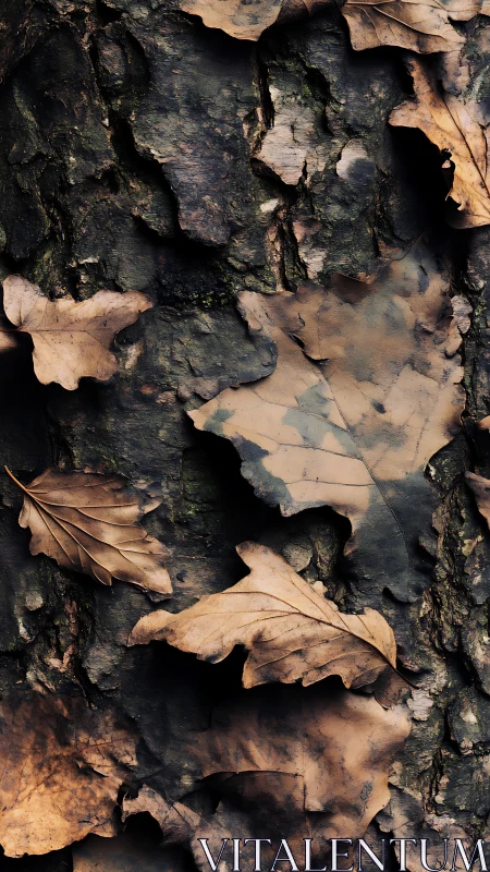 High-contrast macro of dry oak leaves layered on rugged bark