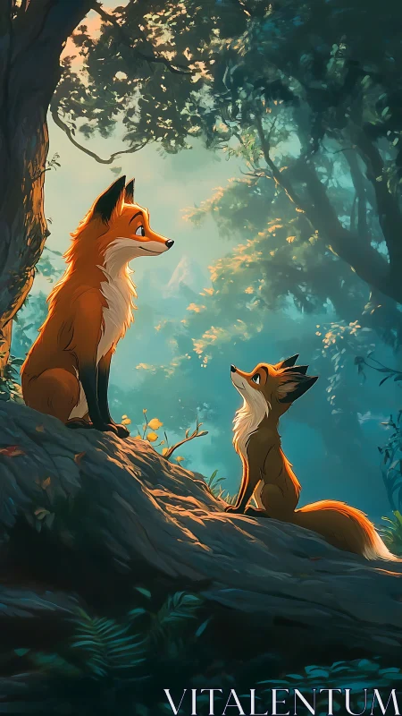 Two stylized foxes sit on a forest slope under diffuse light