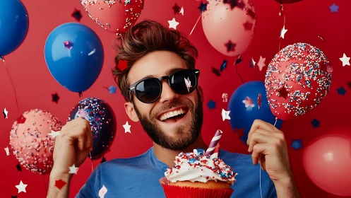 Exuberant subject displaying chromatic celebratory composition with polyglot decorative elements str