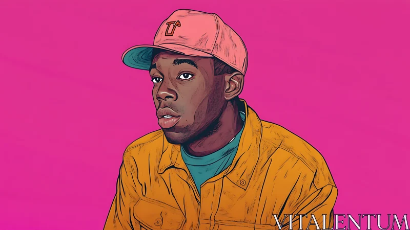 Muted gaze in mango jacket against electric pink hush.