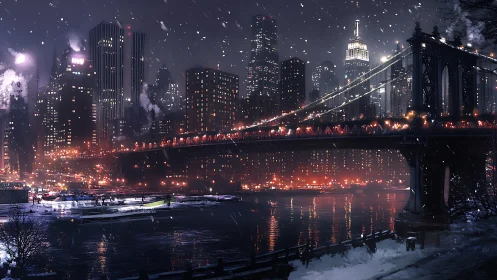 Snowy urban riverfront with illuminated suspension bridge.
