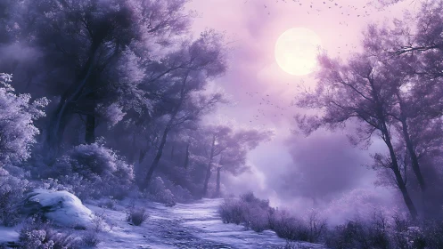 Winter forest path under bright full moon in violet haze