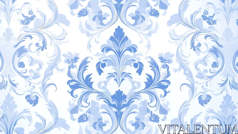 Symmetrical blue damask pattern with layered floral vector scrolls