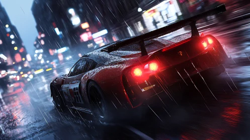 Red supercar slices through neon rain on a wet city street.