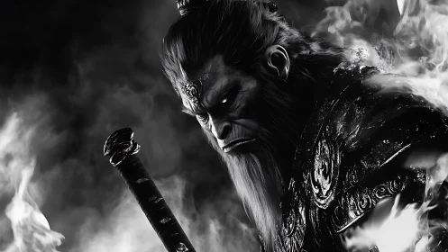 Stoic warrior monkey king rises through swirling smoke.