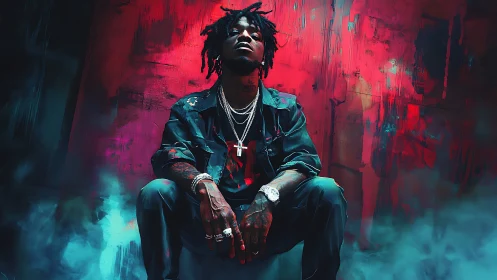 Moody urban portrait of seated man in neon foggy room.