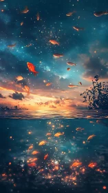 Goldfish drift through twilight sky above glowing sea