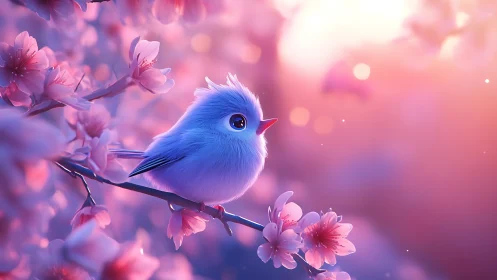 Blue bird perched on flowering branch against pink gradient