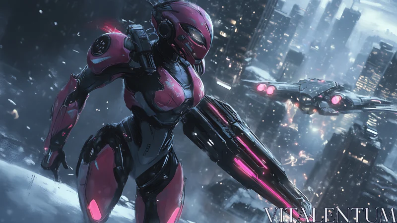 Armored exosuit operative scans snowy cyberpunk skyline vigilantly.