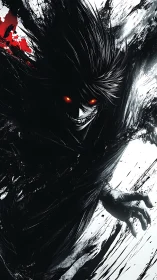 Demonic figure with red eyes lunges from dark ink chaos.