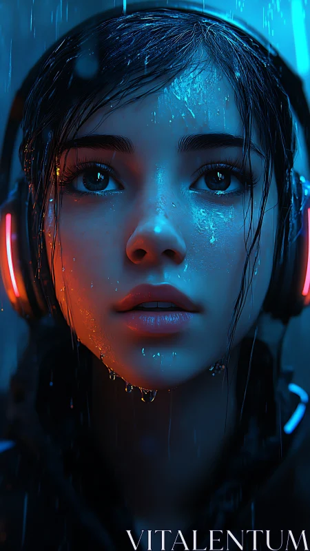 Rain-soaked listener finds quiet focus in neon city night