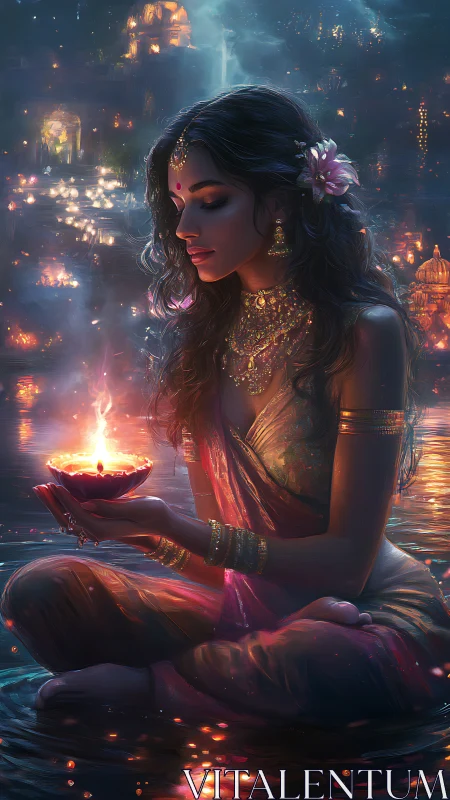 Woman holds floating oil lamp while seated in reflective water