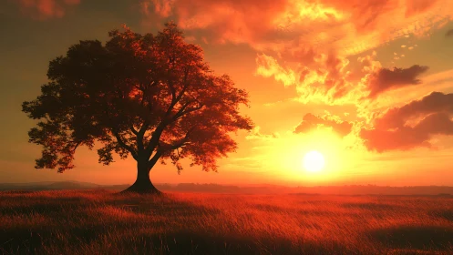 Solitary deciduous tree on open field at low sun angle.