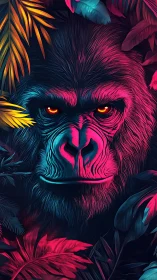 Neon jungle gorilla watching quietly through glowing leaves.