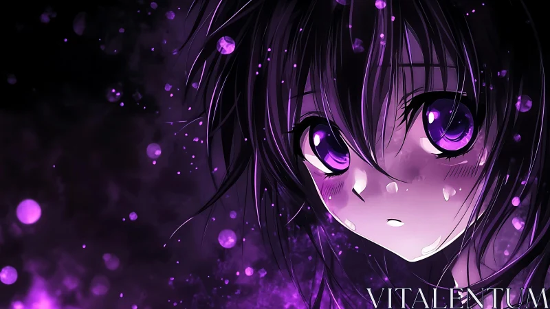 Anime portrait shows close-up face in violet particle field