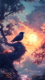 Raven on twisted tree at blazing sunset horizon.