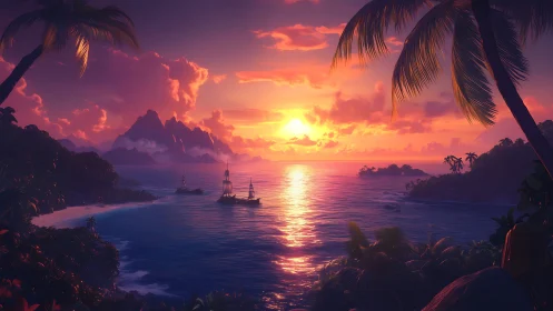 Spectral tropical seascape with silhouetted galleon flotilla.