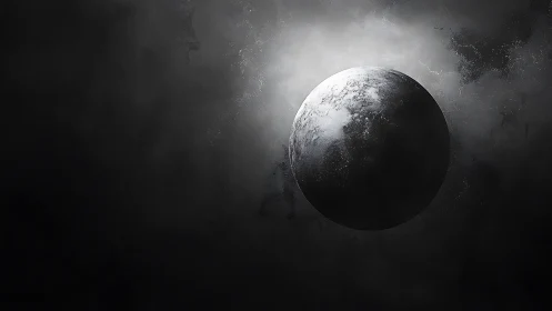 Silent frostbitten moon adrift in a charcoal cosmos.