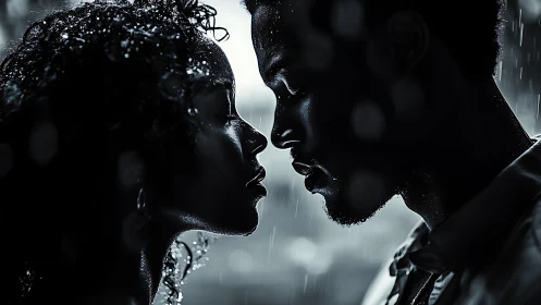 Silhouetted profile convergence with precipitation mapping dynamic facial contours wet surface lumin