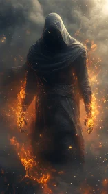 Hooded fiery wraith emerging from dense swirling smoke.