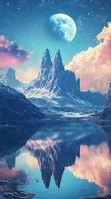 Bimodal spire mountains reflected in glacial lake under enlarged moon