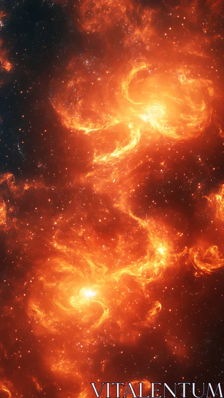 Fiery twin nebulas swirl in a deep cosmic starfield glow