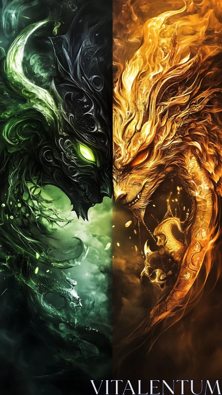 Dual elemental dragons clash in mirrored vertical composition