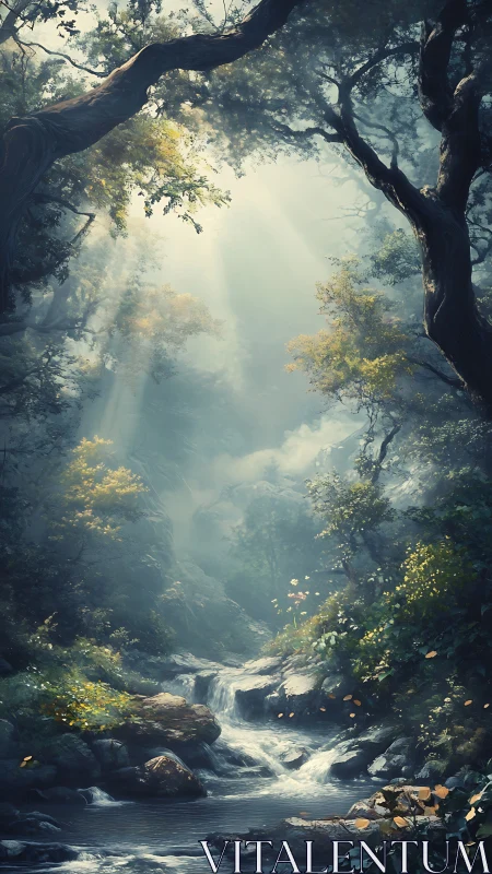 Luminescent Forest Canyon with Cascading Stream Pathway.