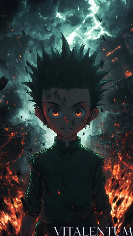 Stormlit anime boy stands amid burning ruins in chiaroscuro