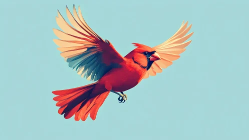 Red cardinal in mid flight against clean blue backdrop.