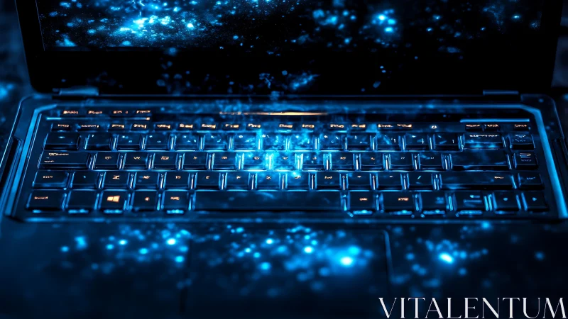 Glowing laptop keyboard illuminated by blue digital particles
