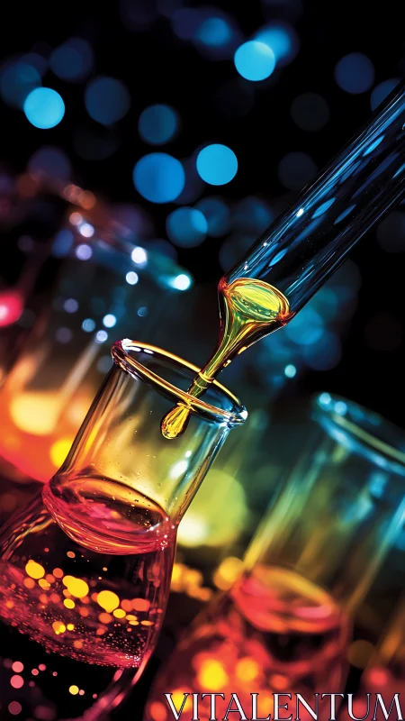 Laboratory glassware with pipette transferring colored liquid.