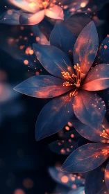 Luminous blue-orange digital blossoms over dark bokeh field.